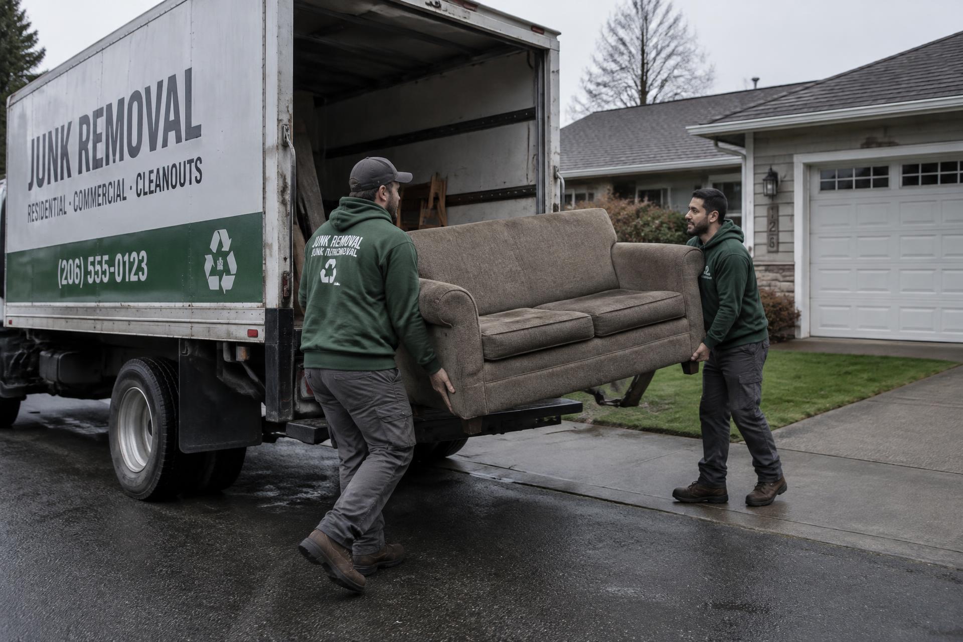 Summit Haul crew loading an old couch into a junk removal truck outside a Boulder home